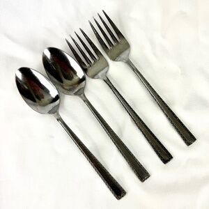 4 pc National Stainless Bell Wood 2 Salad Forks 2 Teaspoons Scroll Edge Japan